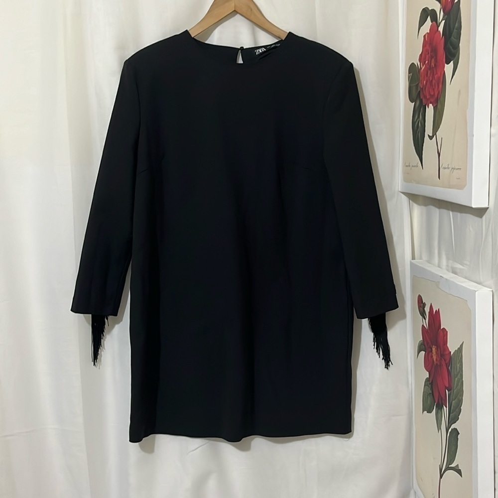 Zara Black Round Neck Dress with Fringed Arms and Back a110